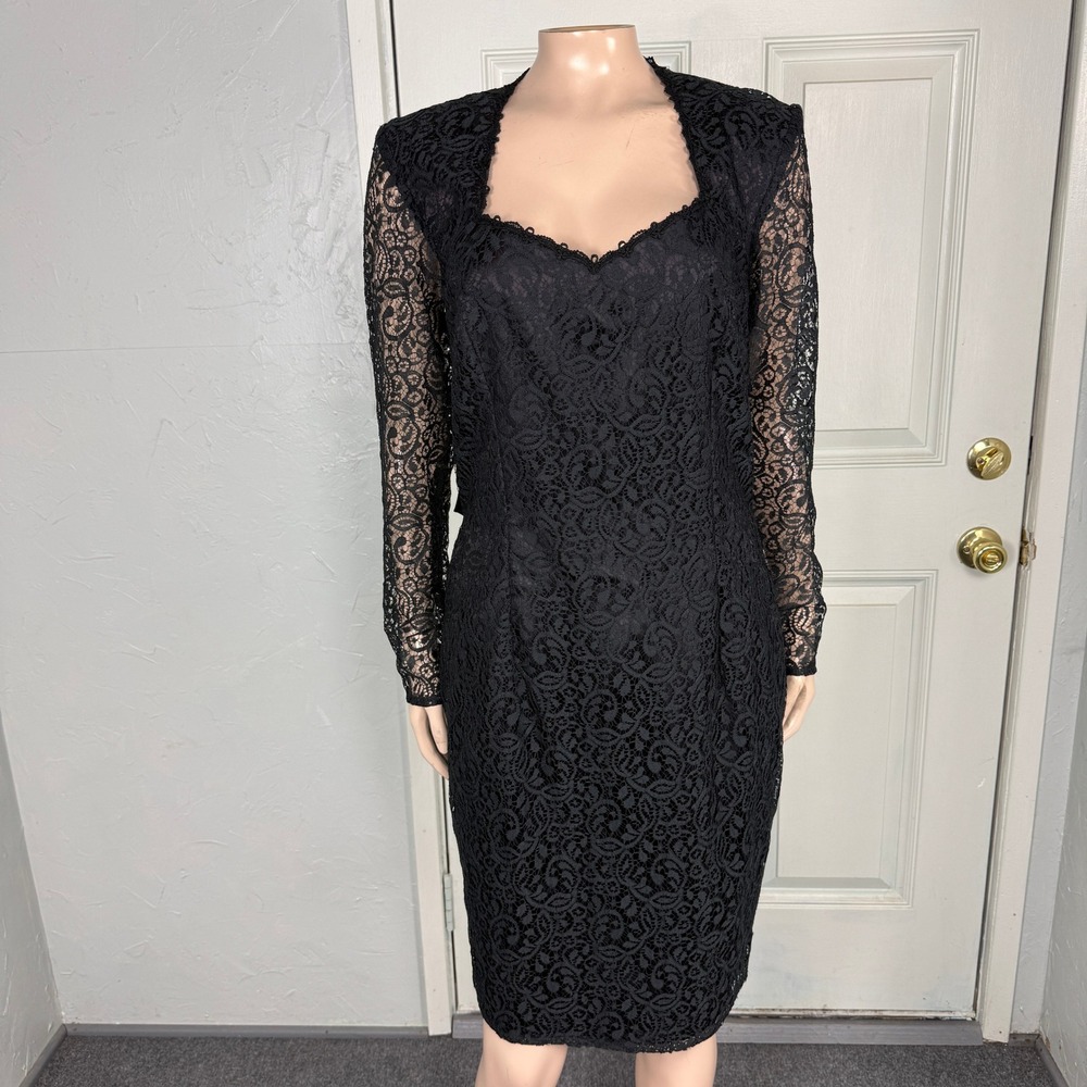 Vintage 80s 90s Dress Party Formal Evening Lace Bow Sheer Scott McClintock 8 C16